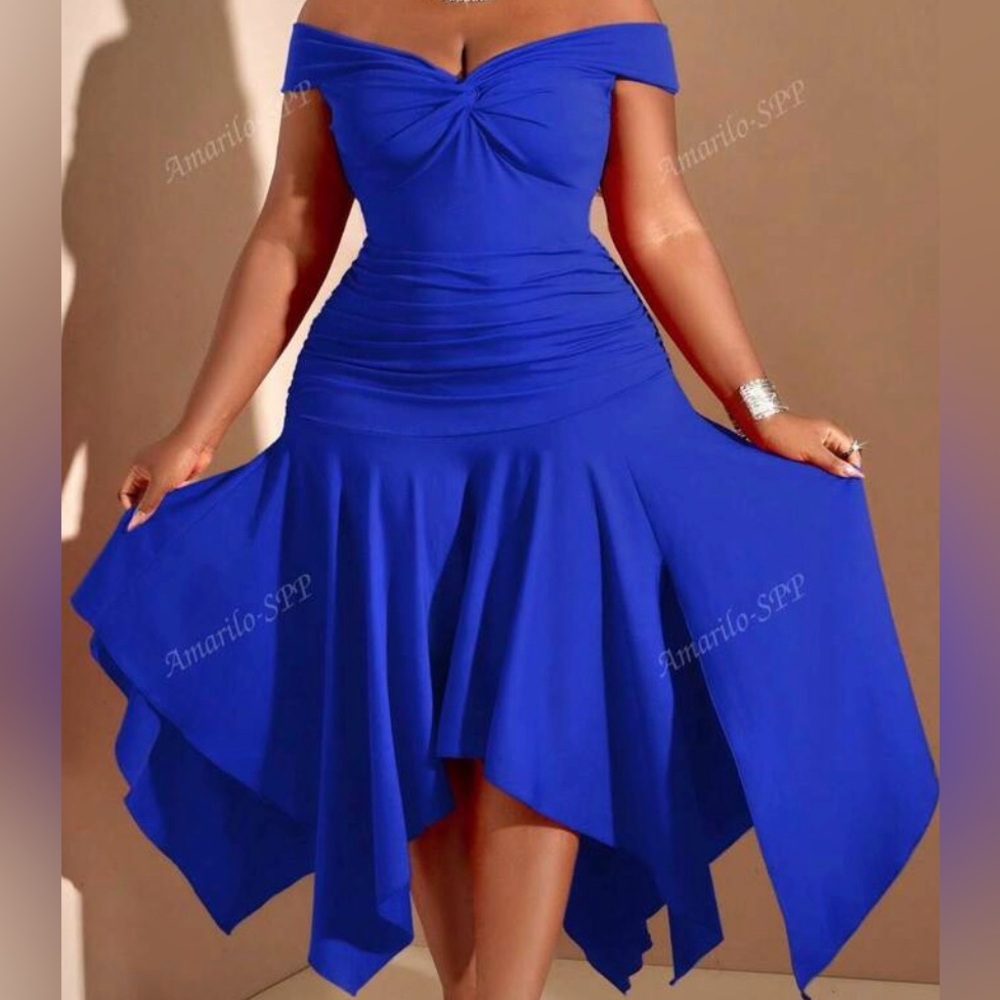 👗Vibrant Blue Sleeveless Tank Off Shoulder Asymmetrical A Line Dress